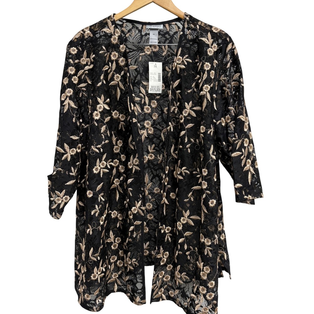 Catherines Womens 3X Black Gold Floral Embroidered Lace Open Front Cardigan NEW